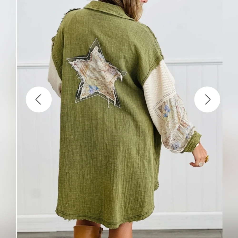 POL Olive Multi-Star Peace Patcg Button-Up Shacket. SZ L NWOT - Picture 3 of 10